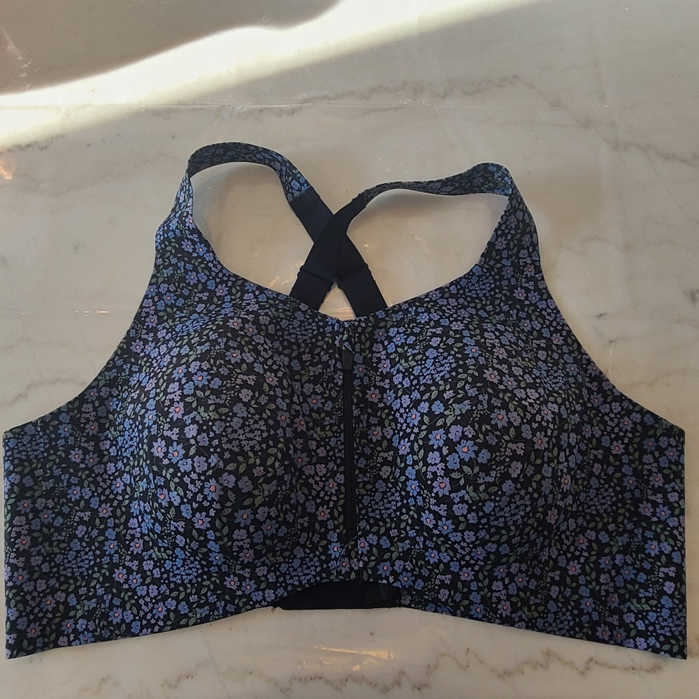 Knix Black and Blue Floral Front Zip Sports Bra in Size 8+